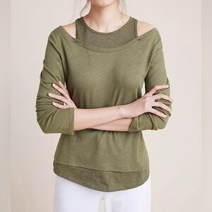 ANTHROPOLOGIE Womens Maye Layered Top Size XL Olive Green Cotton Linen Cut Out